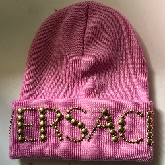 Versace Accessories - Versace Pink Knit Hat with Gold Accents